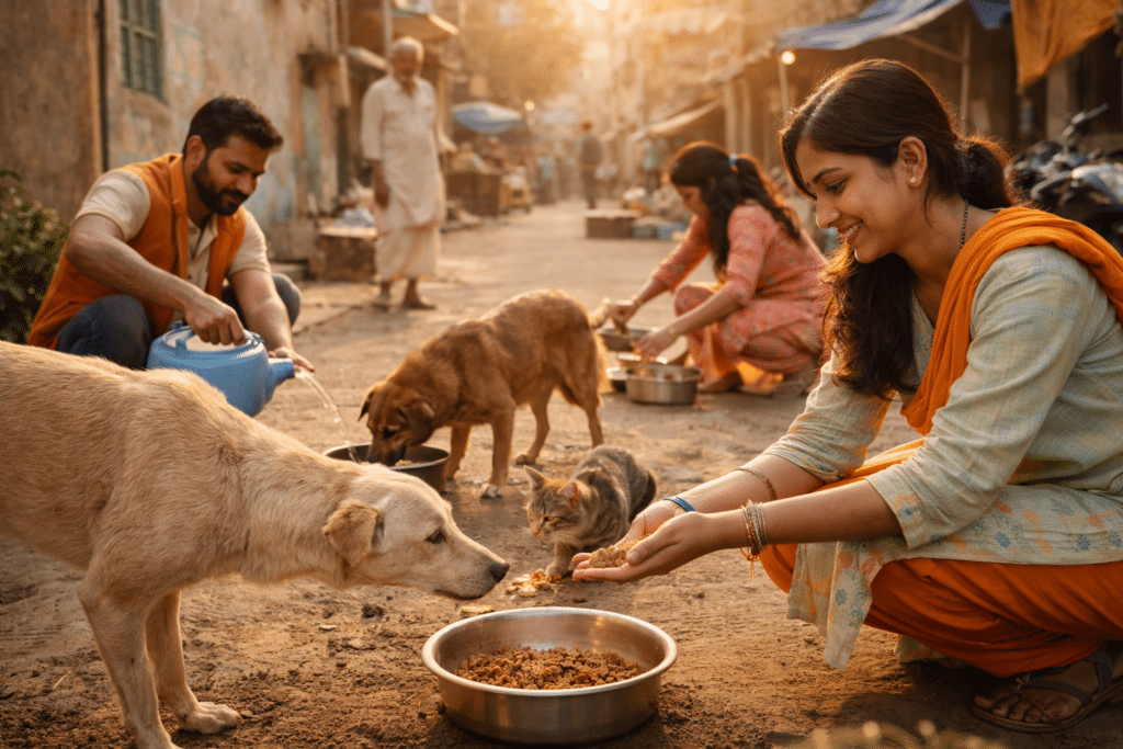 Indian volunteers feeding