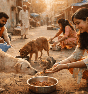 Indian volunteers feeding