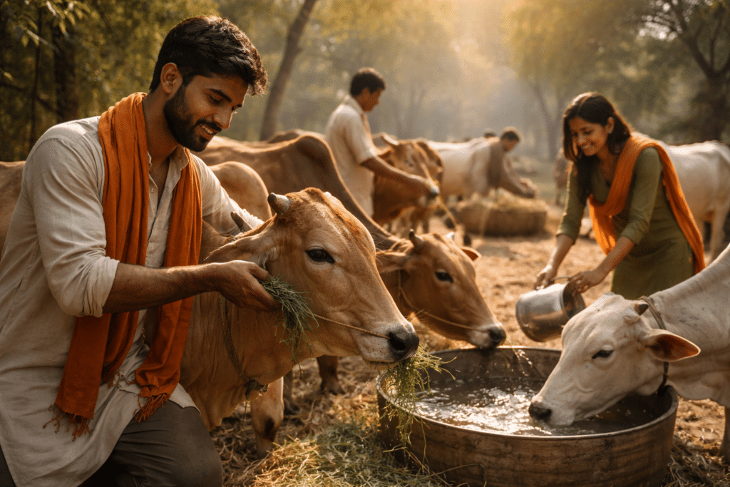 Indian volunteers feeding cows