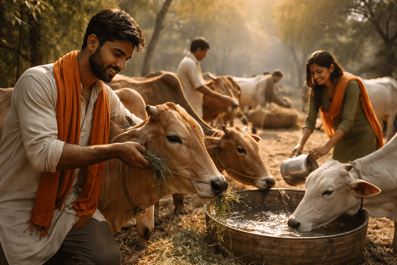 Indian volunteers feeding cows