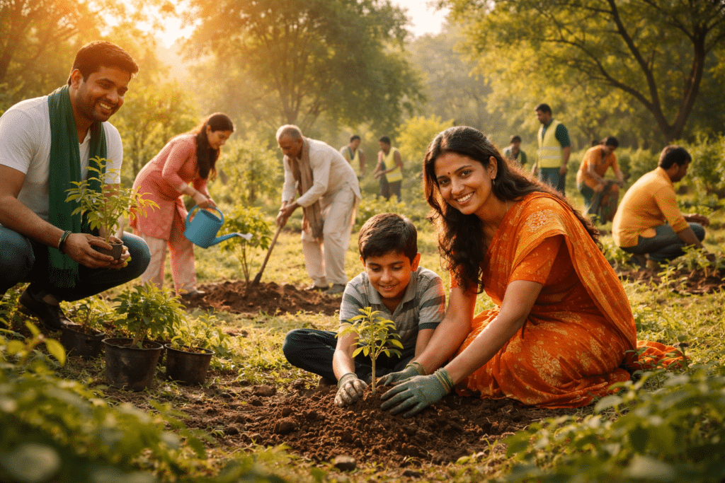 Indian volunteers planting trees
