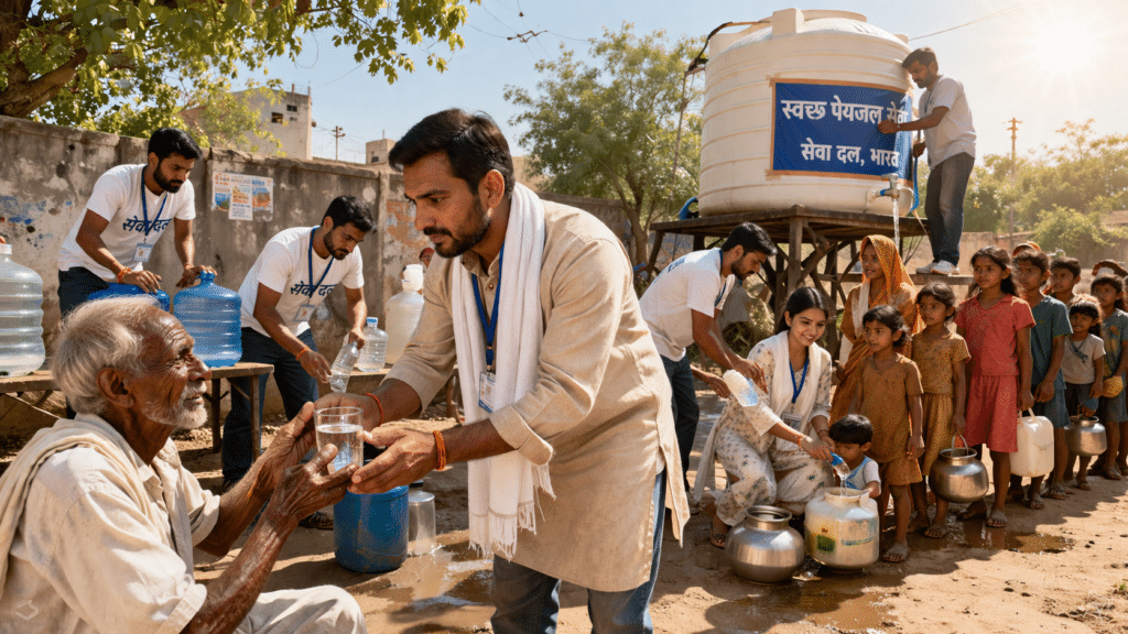Indian volunteers providing water