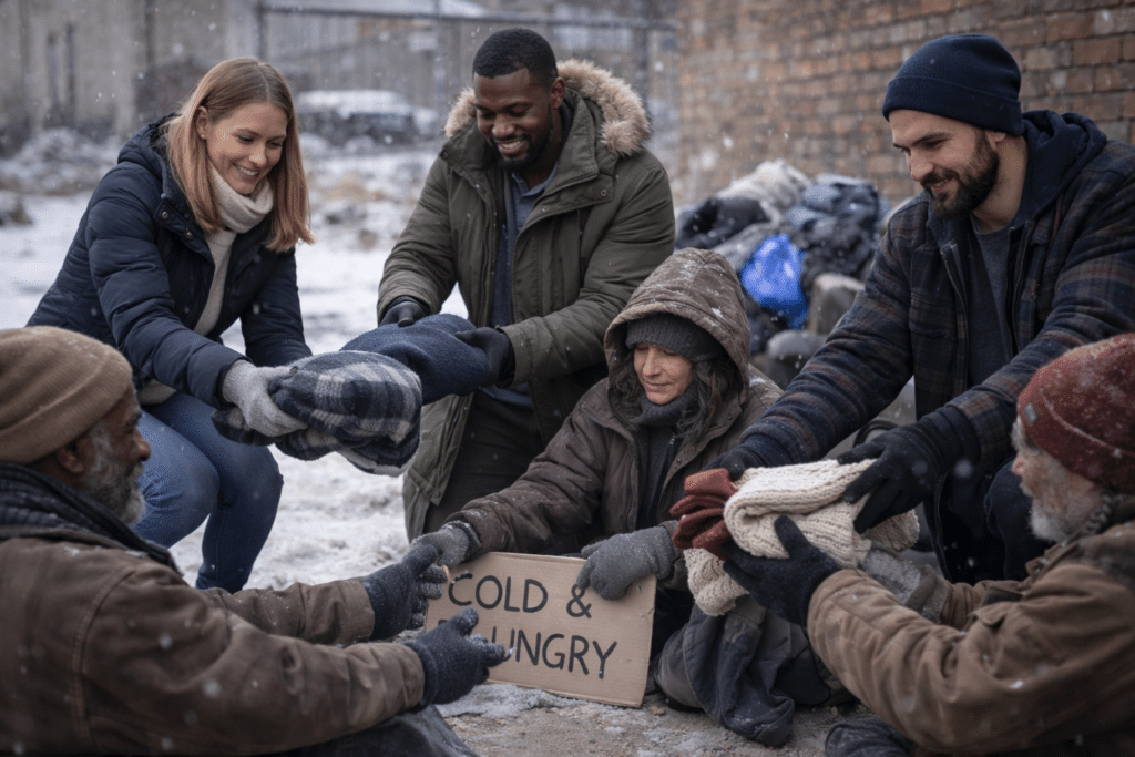 Volunteers distributing blankets