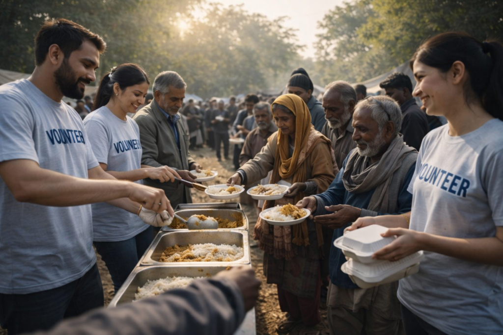 Volunteers serving food
