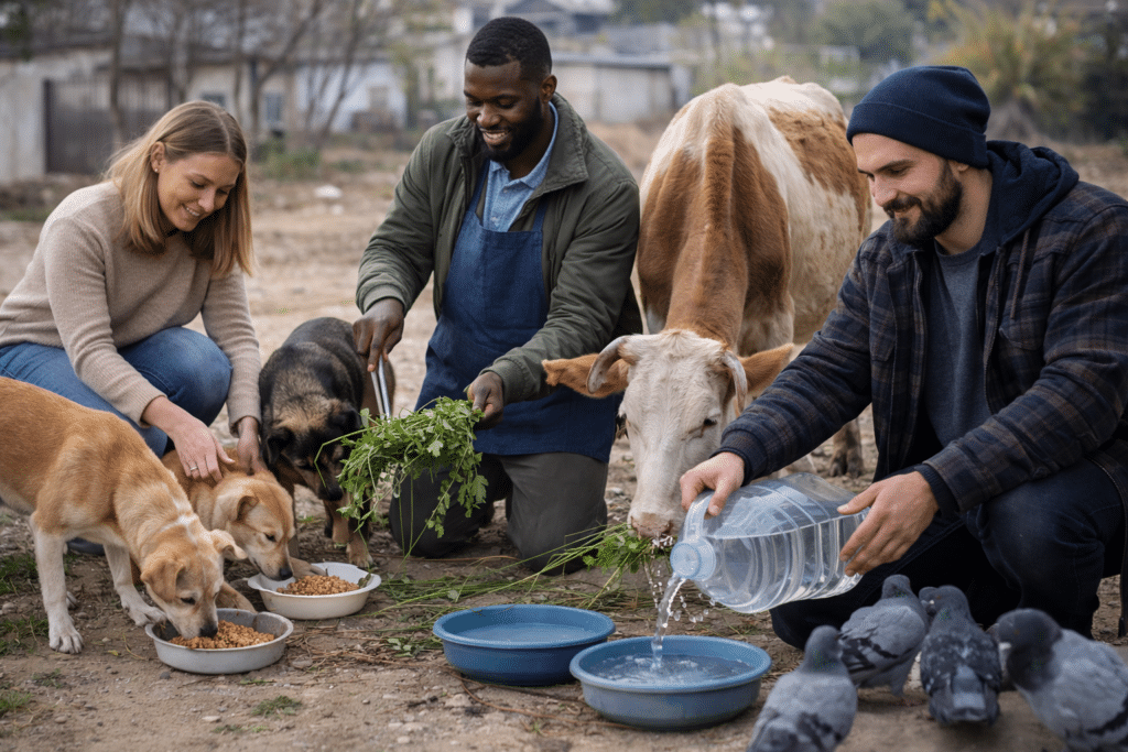 Volunteers feeding animals