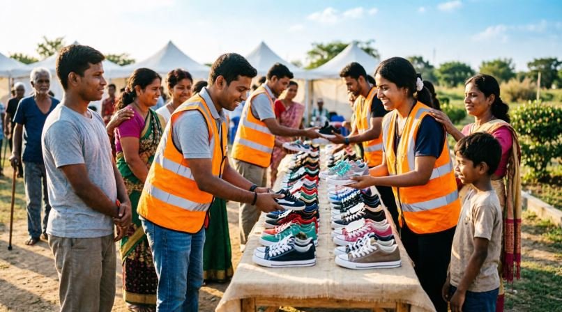 volunteers arranging footwear