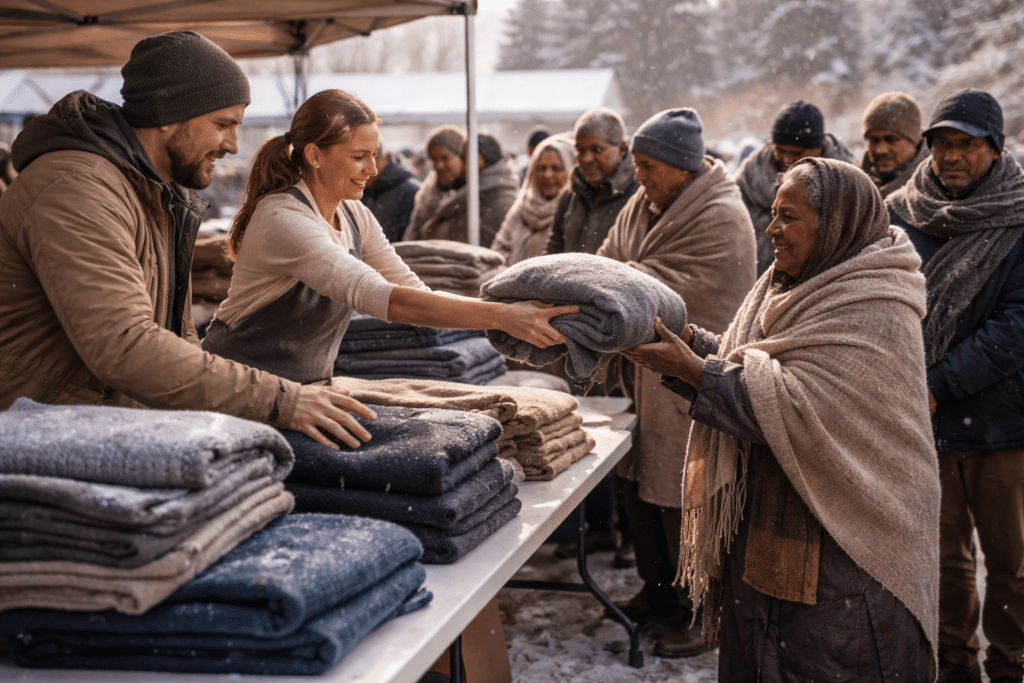 volunteers distributing blankets