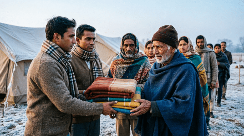 volunteers distributing blankets