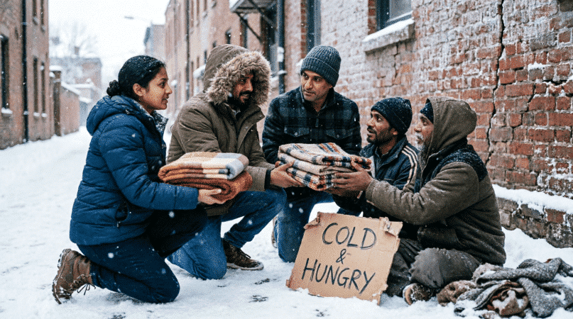 volunteers distributing blankets
