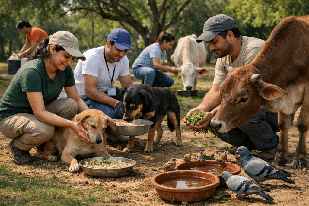 volunteers feeding animals