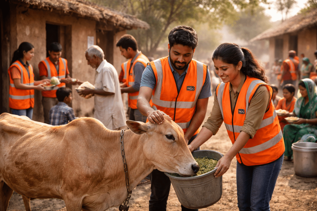volunteers feeding animals