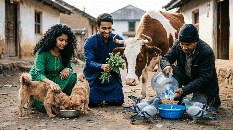 Volunteers feeding animals