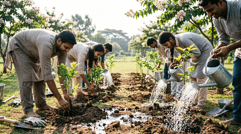 volunteers planting young trees
