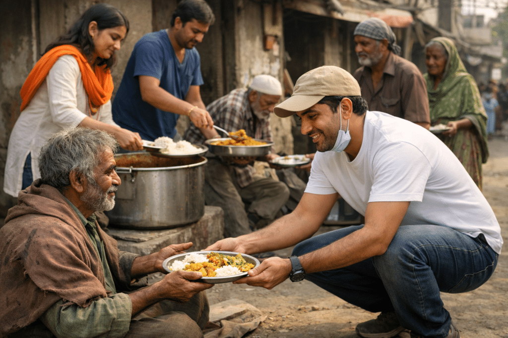 volunteers serving freshly cooked meals